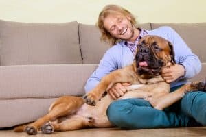 man scratching dog belly