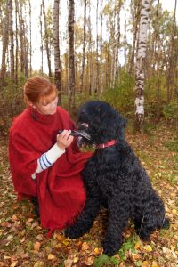 woman combing black dog