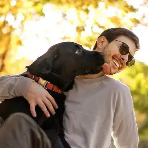 dog with man in sunglasses