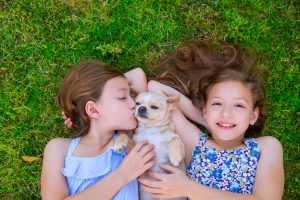 twin sisters and dog