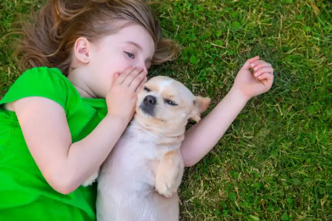 girl whispers to dog