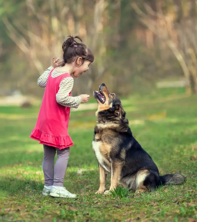 girl and dog talking
