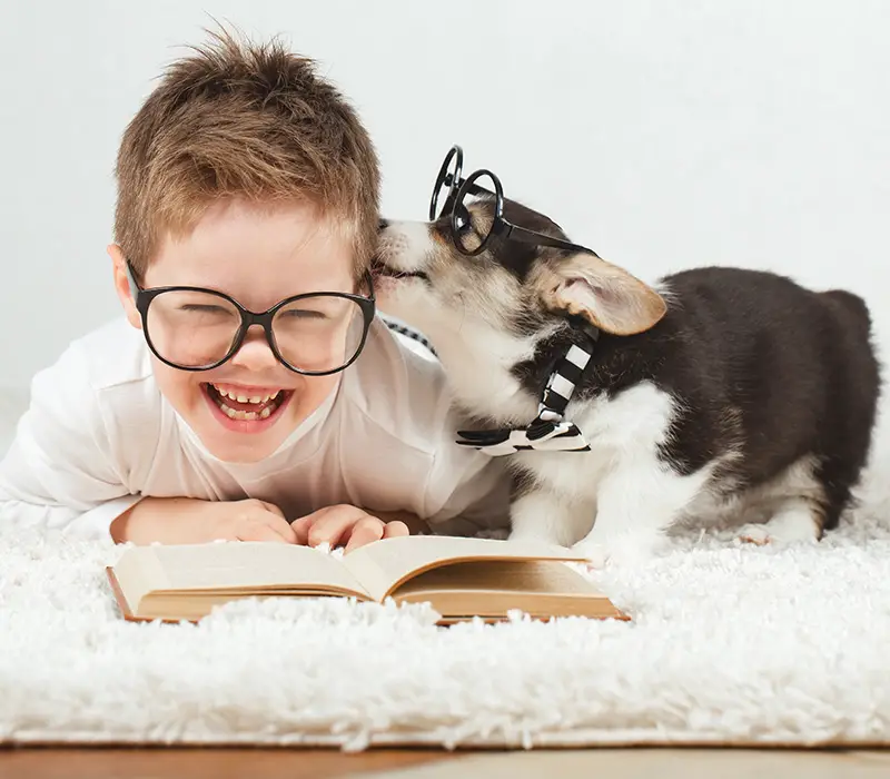 boy and dog read a book